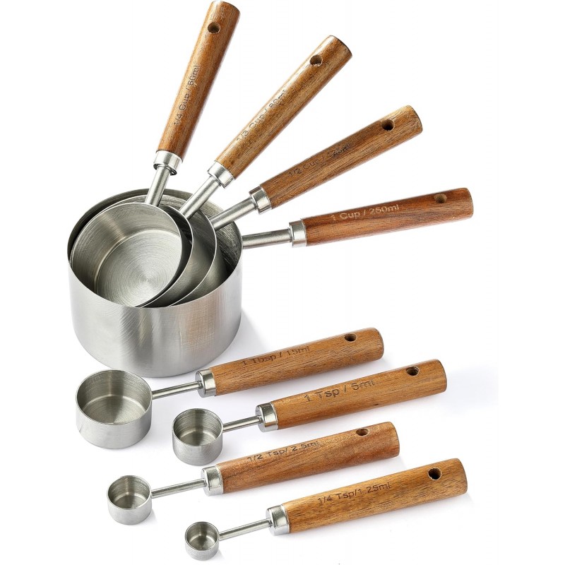 8PCS Measuring Cups, DAJLFA Stainless Steel Measuring Cups and Spoons Set with Ergonomic Wooden Handle for Cooking & Baking