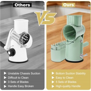 5 in 1 Cheese Grater with Rotary Hand Crank - Vegetable Chopper with Replaceable Stainless Blades, Strong Suction Base, Handle, Blade Storage Box, Easy-Clean Multipurpose Kitchen Slicer (Green)