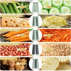 5 in 1 Cheese Grater with Rotary Hand Crank - Vegetable Chopper with Replaceable Stainless Blades, Strong Suction Base, Handle, Blade Storage Box, Easy-Clean Multipurpose Kitchen Slicer (Green)