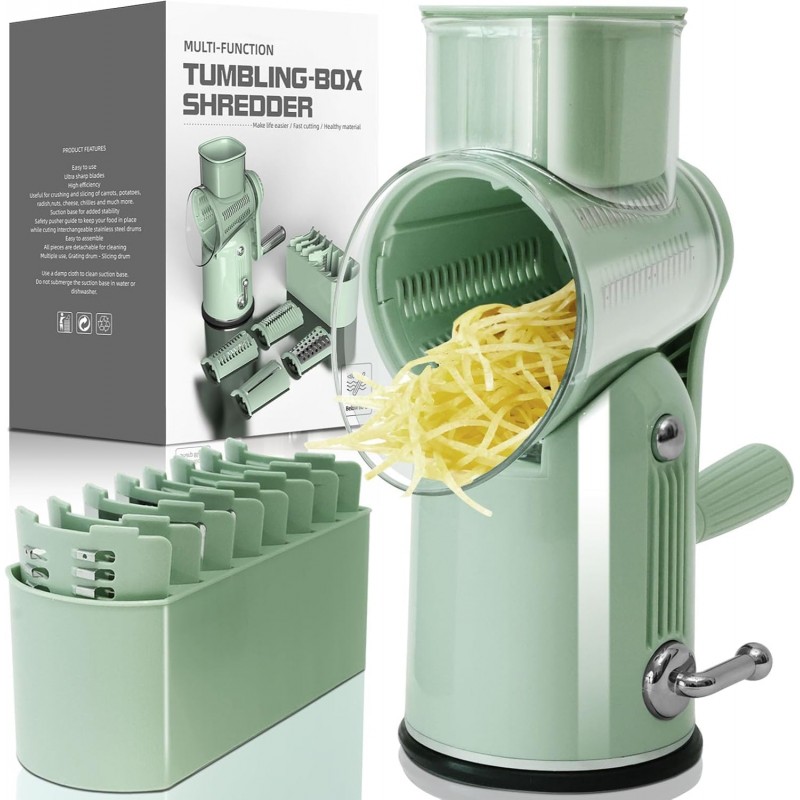 5 in 1 Cheese Grater with Rotary Hand Crank - Vegetable Chopper with Replaceable Stainless Blades, Strong Suction Base, Handle, Blade Storage Box, Easy-Clean Multipurpose Kitchen Slicer (Green)