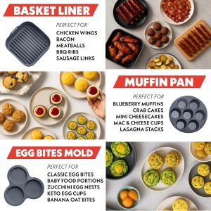 Gourmia Air Fryer Accessories Set - 3 Piece Silicone, Liner, Egg Bite Cooker, 7-Hole Cupcake Mold, BPA-Free, Nonstick, Heat Resistant 445°F, Dishwasher Safe, Food Grade