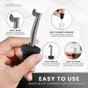 Esatto Stainless Steel Liquor Bottle Pour Spouts with Flip Lids - Universal Fit Alcohol Bottle Pourers - Anti-Drip Design, Speed Pour for Bartending, Whiskey, Oils - Rust-Free, Easy Clean (6 Pack)