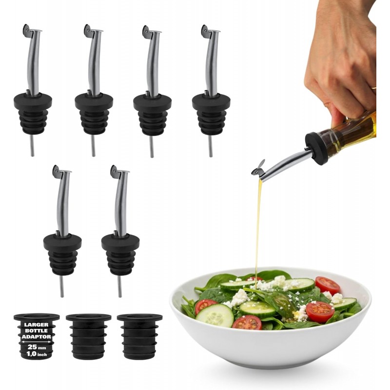 Esatto Stainless Steel Liquor Bottle Pour Spouts with Flip Lids - Universal Fit Alcohol Bottle Pourers - Anti-Drip Design, Speed Pour for Bartending, Whiskey, Oils - Rust-Free, Easy Clean (6 Pack)