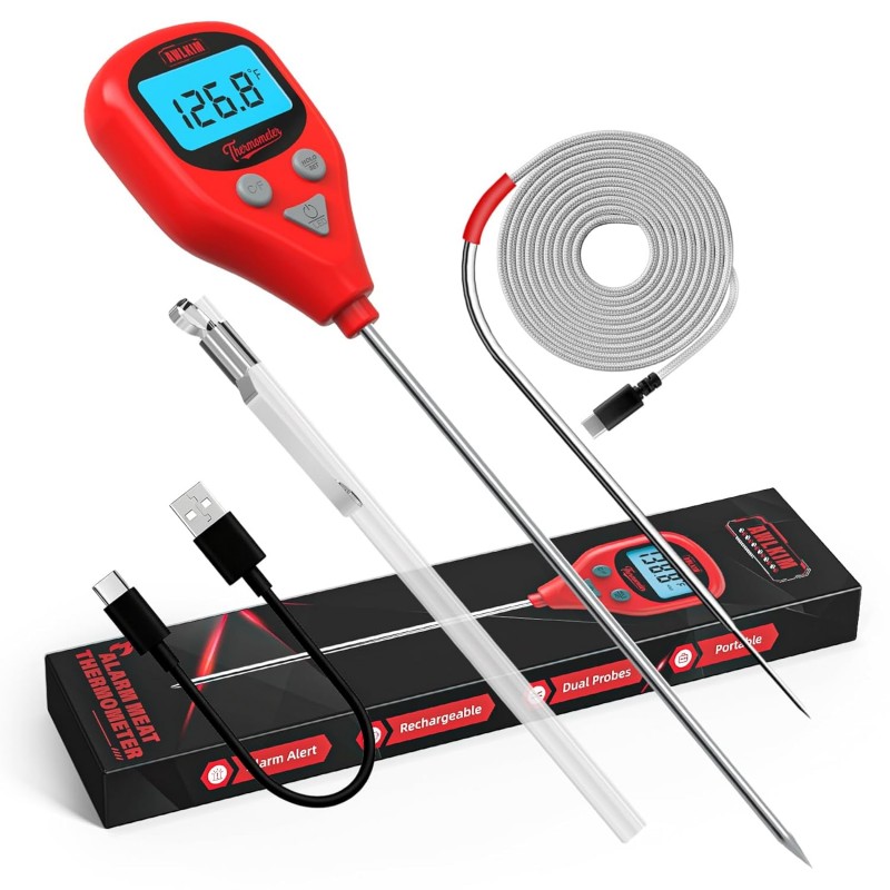 Rechargeable Digital Meat Thermometer with 3.3ft External Probe, Warning Alert, Instant Read Food Thermometer for Cooking Baking Water BBQ Oil Fry, Waterproof IP67, Hold Function, Oven Safe