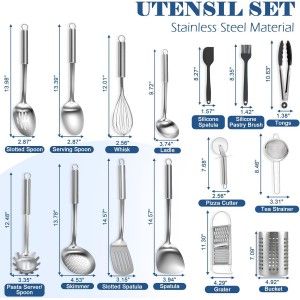 BEWOS Cooking Utensils Set 15 Piece - Stainless Steel Kitchen Utensils Set, Kitchen Tools Set with Spatula and Holder, Non-Toxic, Dishwasher Safe & Heat Resistant