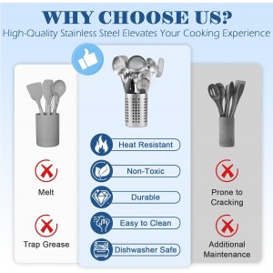 BEWOS Cooking Utensils Set 15 Piece - Stainless Steel Kitchen Utensils Set, Kitchen Tools Set with Spatula and Holder, Non-Toxic, Dishwasher Safe & Heat Resistant