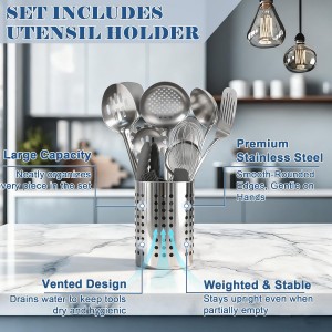 BEWOS Cooking Utensils Set 15 Piece - Stainless Steel Kitchen Utensils Set, Kitchen Tools Set with Spatula and Holder, Non-Toxic, Dishwasher Safe & Heat Resistant