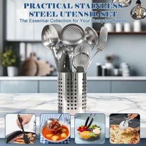 BEWOS Cooking Utensils Set 15 Piece - Stainless Steel Kitchen Utensils Set, Kitchen Tools Set with Spatula and Holder, Non-Toxic, Dishwasher Safe & Heat Resistant