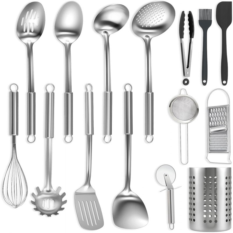 BEWOS Cooking Utensils Set 15 Piece - Stainless Steel Kitchen Utensils Set, Kitchen Tools Set with Spatula and Holder, Non-Toxic, Dishwasher Safe & Heat Resistant