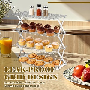 BEWOS 4 Tier Collapsible Cooling Rack - Adjustable Stainless Steel Baking Rack with Leak-Proof Mesh, X-Shaped Structure Cooling Rack for Cooking and Baking, Dishwasher Safe