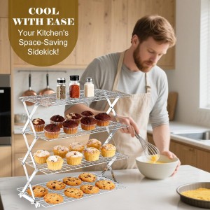BEWOS 4 Tier Collapsible Cooling Rack - Adjustable Stainless Steel Baking Rack with Leak-Proof Mesh, X-Shaped Structure Cooling Rack for Cooking and Baking, Dishwasher Safe