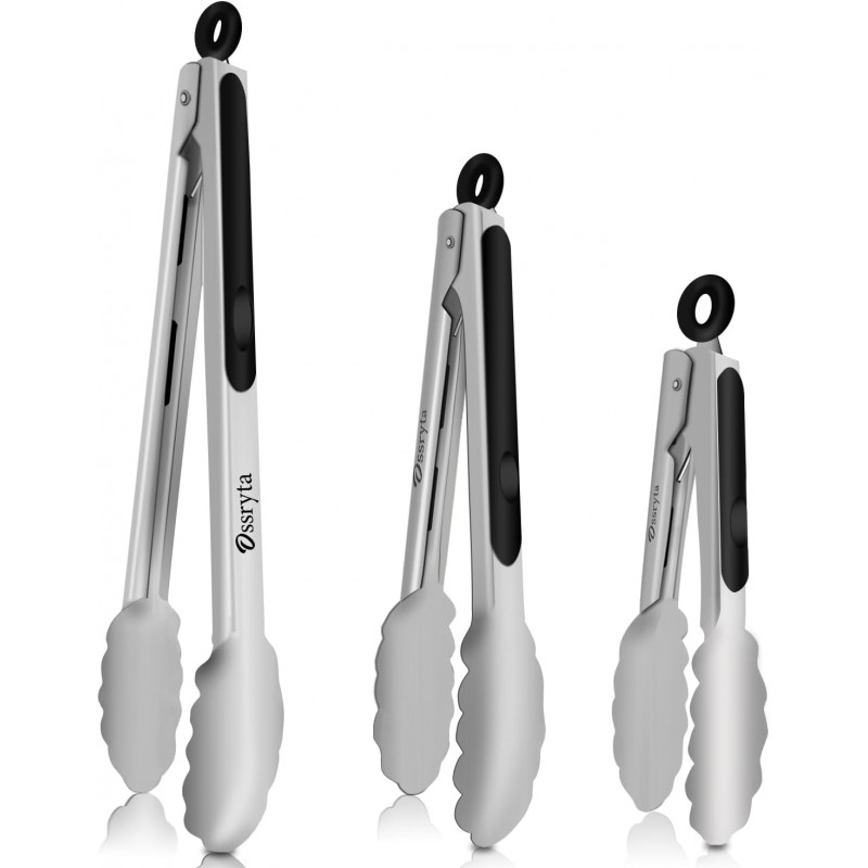 Stainless Steel Cooking Tongs Set of 3 - Heavy Duty 12/9/7 Inch Locking Tongs, Heat Resistant to 600 Degrees, Food Grade Kitchen Metal Tong for Food, Salad, & BBQ - Dishwasher Safe