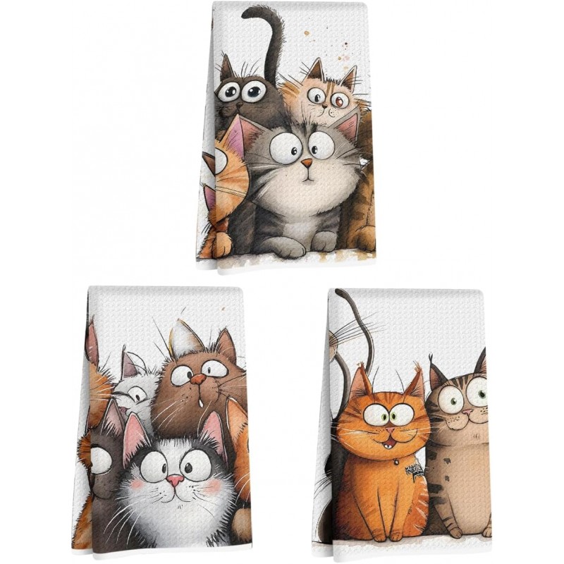 3 Pcs Cute Cat Kitchen Towels, Cats Soft Absorbent Hand Tea Towel, Microfiber Dish Cloths for Drying Dishes, Waffle Dish Towels for Kitchen Home Bathroom Decor, Cat Lover Gifts for Women Mom