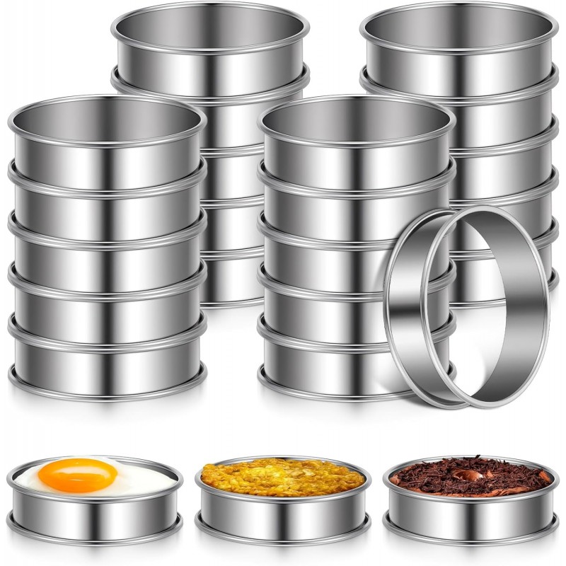 SHENLIU 24 Pieces Stainless Steel English Muffin Rings, 3 Inch Double Rolled Tart Ring Metal Round Nonstick Crumpet Rings Muffin Tart Molds for Food Making Home Baking