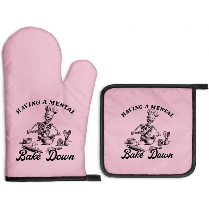 Having a Mental Bake Down Pink Oven Mitts and Pot Holders Sets, Funny Skeleton Halloween Oven Mitt for Women Chef, Cookie Baker Gifts, Christmas Baking Gifts for Mom Housewives Hostess