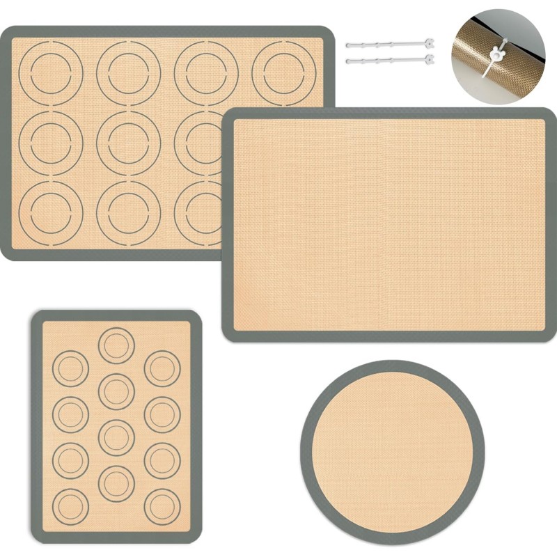 Silicone Baking Mat Set of 4, Nonstick Reusable Macaron Silicone Baking Mat & Round Pizza Mat, Cookie Baking Supplies for Macaroons, Pastry, Pizza, Gray