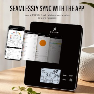 EILISON Smart Kitchen Scale with Bluetooth App, High-Precision Digital Food Scale for Baking, Cooking & Diet, 10000 Food Database, 30 Nutrients, Touchscreen, Tare Function, 5g-10000g Capacity (Black)