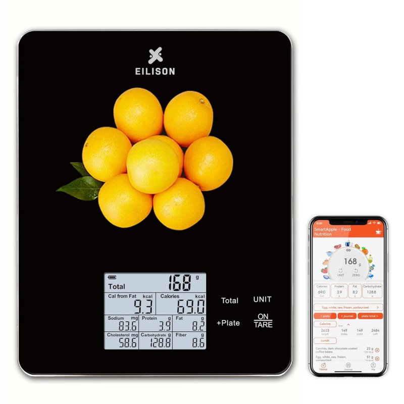 EILISON Smart Kitchen Scale with Bluetooth App, High-Precision Digital Food Scale for Baking, Cooking & Diet, 10000 Food Database, 30 Nutrients, Touchscreen, Tare Function, 5g-10000g Capacity (Black)