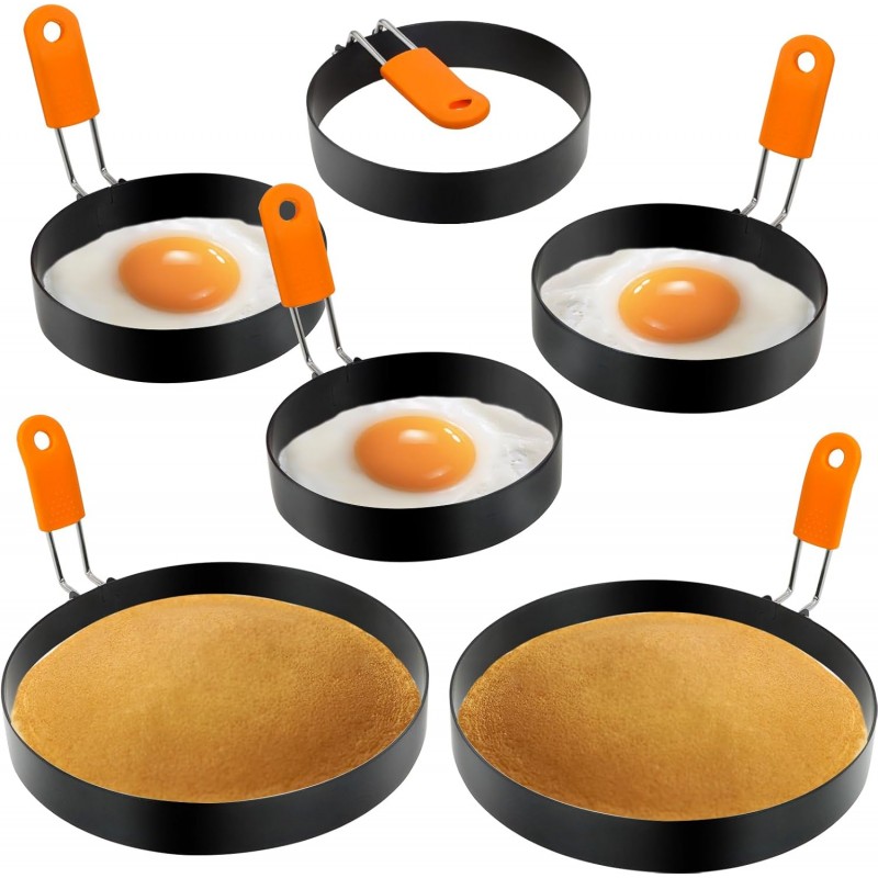 Egg Ring Pancake Ring Set 6 Pcs Stainless Steel Fried Egg Circles Pancake Shapers with Silicone Handle for Griddle Cooking Shaper Indoor Camping Breakfast Omelette Sandwich (4, 6 Inch)