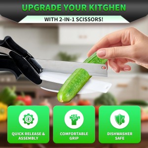 DZ Duozhan Food Cutting Scissors with Built-in Chopping Board - Premium Stainless Steel Kitchen Shears for Vegetables Fruits Meat Poultry - 2-in-1 Multi-Purpose Dishwasher Safe