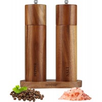 Acacia Wood Salt and Pepper Grinder Set with Base - Adjustable Ceramic Rotor Manual Pepper Mill and Salt Shaker - Refillable Wooden Spice Grinders for Kitchen Cooking, Farmhouse Decor & Gifts
