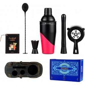 Cocktail Shaker Set with Unique Car-Shaped Wooden Stand,Bartender Kit with 24oz Shaker,Jigger,Muddler,Mixing Spoon,Strainer & Recipe Cards–Professional Home Bar Set