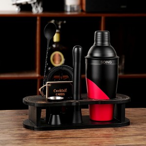 Cocktail Shaker Set with Unique Car-Shaped Wooden Stand,Bartender Kit with 24oz Shaker,Jigger,Muddler,Mixing Spoon,Strainer & Recipe Cards–Professional Home Bar Set