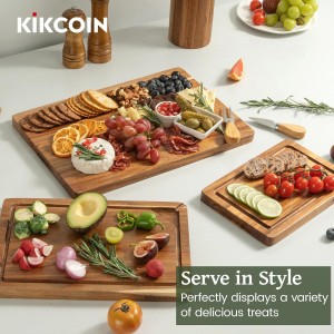 Kikcoin Wood Cutting Boards for Kitchen, 3 PCS Wooden Cutting Board Set with Holder, Chopping Board with Built-In Compartments and Juice Groove, Solid Charcuterie Board Serving Tray Wood Butcher Block