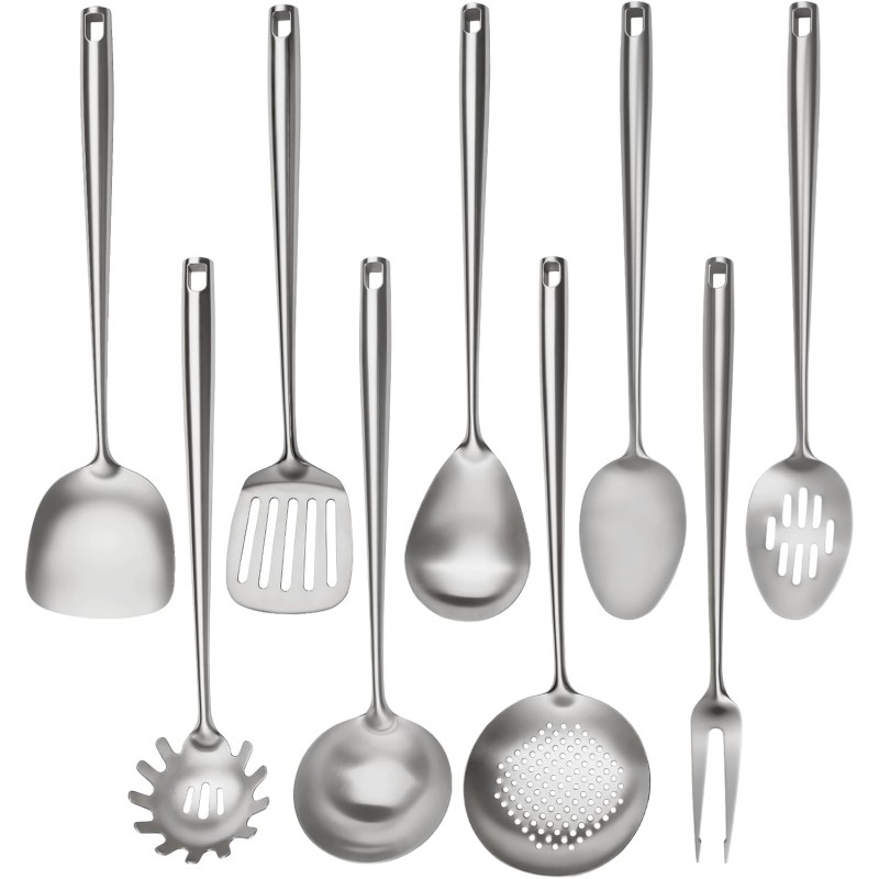 18/10 Stainless Steel Cooking Utensils Set,9 Pcs Professional All Metal Stainless Steel Kitchen Utensils Set with Wok Spatula,Soup Ladle,Skimmer,Slotted Spatula Turner, Large Spoon(Dishwasher Safe)