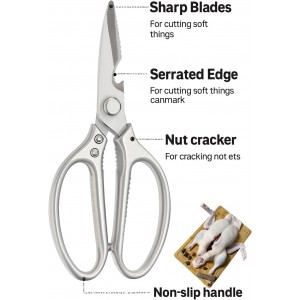 Heavy Duty Kitchen Scissors, Multipurpose Stainless Steel Scissors with Big Handle, Poultry Shears - Silver