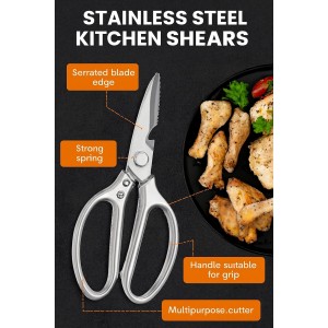 Heavy Duty Kitchen Scissors, Multipurpose Stainless Steel Scissors with Big Handle, Poultry Shears - Silver