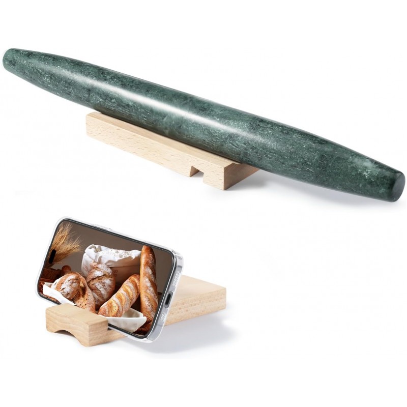 French Marble French Rolling Pin with Wooden Resting Base, 15 inch Kitchen Baking Tool for Baking with Non-Stick Surface, Ideal as a Dough Roller for Pie Crust, Cookie, Pasta
