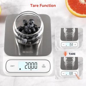 BOMATA Waterproof IPX6 Kitchen Scale, 0.1 g/0.01 oz High Precision, 5 kg/11 lbs, Digital Scale with Backlight, Stainless Steel Weighing Platform, for Food, Cooking, Baking, Weight Loss.. B619, White