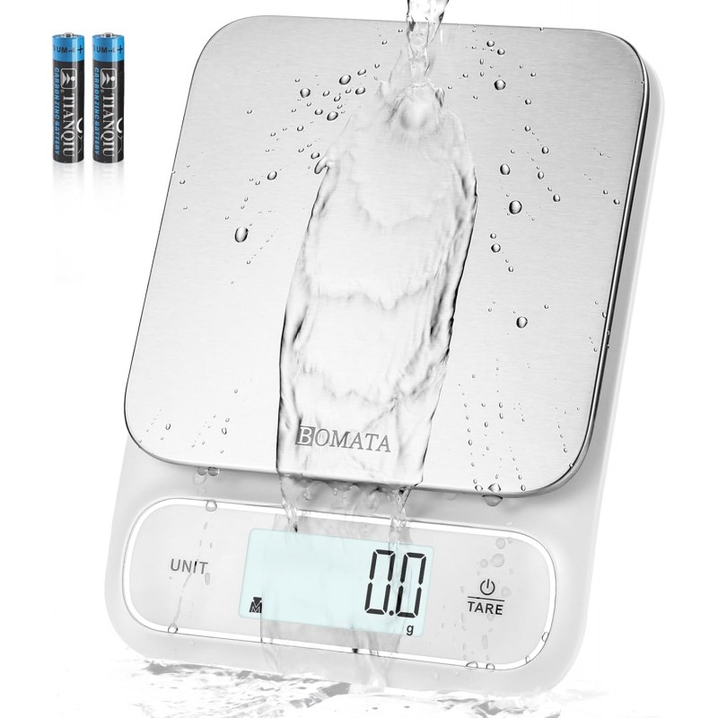 BOMATA Waterproof IPX6 Kitchen Scale, 0.1 g/0.01 oz High Precision, 5 kg/11 lbs, Digital Scale with Backlight, Stainless Steel Weighing Platform, for Food, Cooking, Baking, Weight Loss.. B619, White