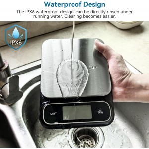 BOMATA Waterproof IPX6 Kitchen Scale, 0.1 g/0.01 oz High Precision, 5 kg/11 lbs, Digital Scale with Backlight, Stainless Steel Weighing Platform, for Food, Cooking, Baking, Weight Loss.. B619, Grey