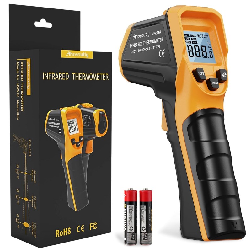 Infrared Thermometer Laser Temperature Gun -58℉ to 1112℉,with Cal Calibration and Adjustable Emissivity,Min& Max Measure,for Cooking,Oven,Meat Food,HVAC,Appliance（Yellow）