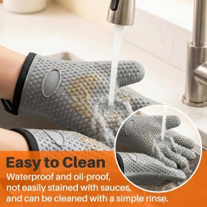 2Pack Heat Resistant Oven Mitts & Silicone Gloves with Fingers, Non-Slip Grip Food Grade Safety Gloves, Waterproof Kitchen Mitts for Baking & Cooking(Black)