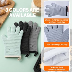 2Pack Heat Resistant Oven Mitts & Silicone Gloves with Fingers, Non-Slip Grip Food Grade Safety Gloves, Waterproof Kitchen Mitts for Baking & Cooking(Black)