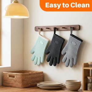 2Pack Heat Resistant Oven Mitts & Silicone Gloves with Fingers, Non-Slip Grip Food Grade Safety Gloves, Waterproof Kitchen Mitts for Baking & Cooking(Black)