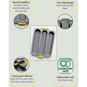 Baguette Bread Pan Food-Grade Perforated Silicone - Nonstick Loaf Mold with 2 Dividers, 3 Cavity Baking Tray for Homemade French Bread, Hoagie Roll, Sub, Sandwich Bun, Hotdog, Oven Dishwasher Safe