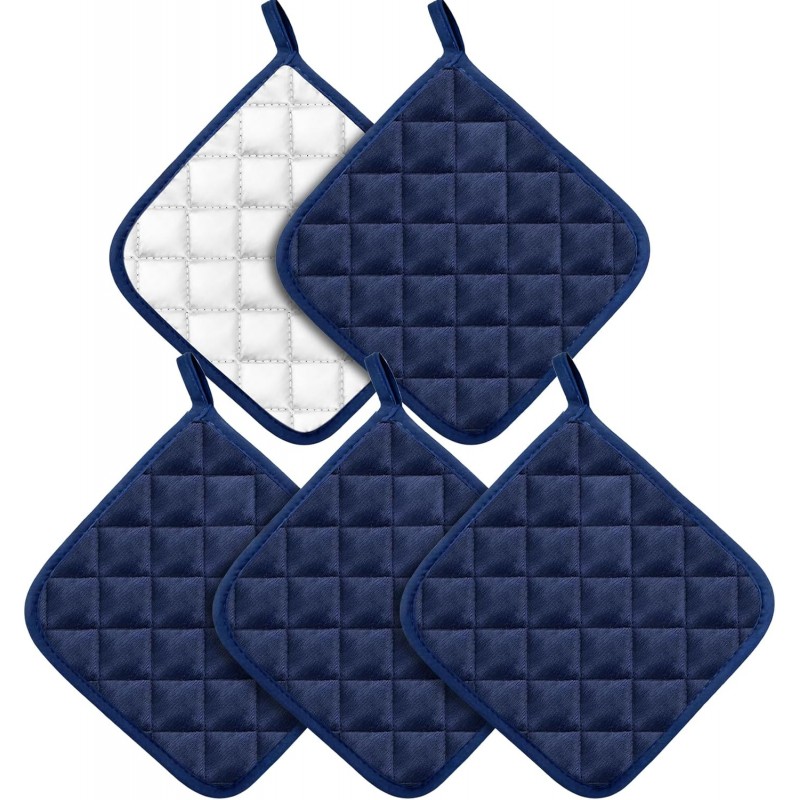5 Pack Pot Holders for Kitchen Heavy Duty Hot Pads, Hot Pads for Kitchen,8 Inch Square Potholders for Cooking, Baking & Grilling (Blue)