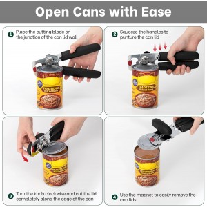 Beneno Can Opener, Heavy Duty Manual Can Opener with Magnet Lid Lifter & Bottle Opener, Hand Can Opener Manual with Ergonomic Soft Grip, Easy Turn Knob for Arthritis & Weak Hands, Easy to Use, Black