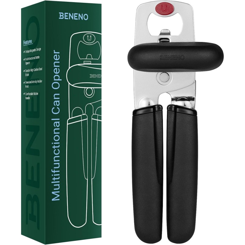 Beneno Can Opener, Heavy Duty Manual Can Opener with Magnet Lid Lifter & Bottle Opener, Hand Can Opener Manual with Ergonomic Soft Grip, Easy Turn Knob for Arthritis & Weak Hands, Easy to Use, Black