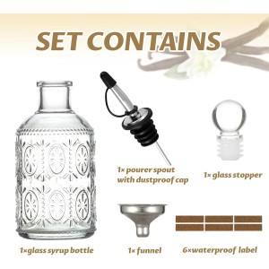 Retro Glass Syrup Dispenser Bottle 7oz, Oil and Vinegar Cruet with Stainless Steel Pour Spout, Labels, Funnel & Stopper(Floral-B)