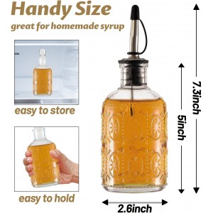 Retro Glass Syrup Dispenser Bottle 7oz, Oil and Vinegar Cruet with Stainless Steel Pour Spout, Labels, Funnel & Stopper(Floral-B)