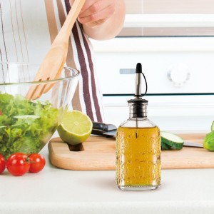 Retro Glass Syrup Dispenser Bottle 7oz, Oil and Vinegar Cruet with Stainless Steel Pour Spout, Labels, Funnel & Stopper(Floral-B)