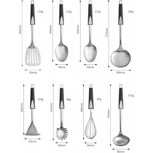Premium Stainless Steel Kitchen Utensil Set, 8-Piece Cooking Tools with Black Ergonomic Handles, Includes Turner, Spoons, Skimmer, Whisk