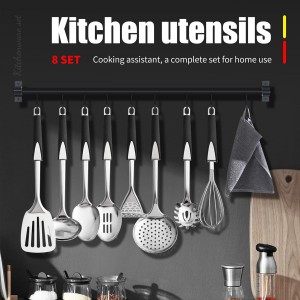 Premium Stainless Steel Kitchen Utensil Set, 8-Piece Cooking Tools with Black Ergonomic Handles, Includes Turner, Spoons, Skimmer, Whisk