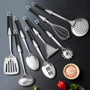Premium Stainless Steel Kitchen Utensil Set, 8-Piece Cooking Tools with Black Ergonomic Handles, Includes Turner, Spoons, Skimmer, Whisk