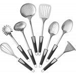 Premium Stainless Steel Kitchen Utensil Set, 8-Piece Cooking Tools with Black Ergonomic Handles, Includes Turner, Spoons, Skimmer, Whisk